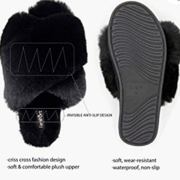FamiPort Fuzzy Fur Cross-Band Cushioned Non-Slip indoor/outdoor slippers - Picture 4 of 14